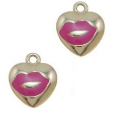 Metalen bedel Hartje Hot Lips - Goud / Roze 13.5x16  